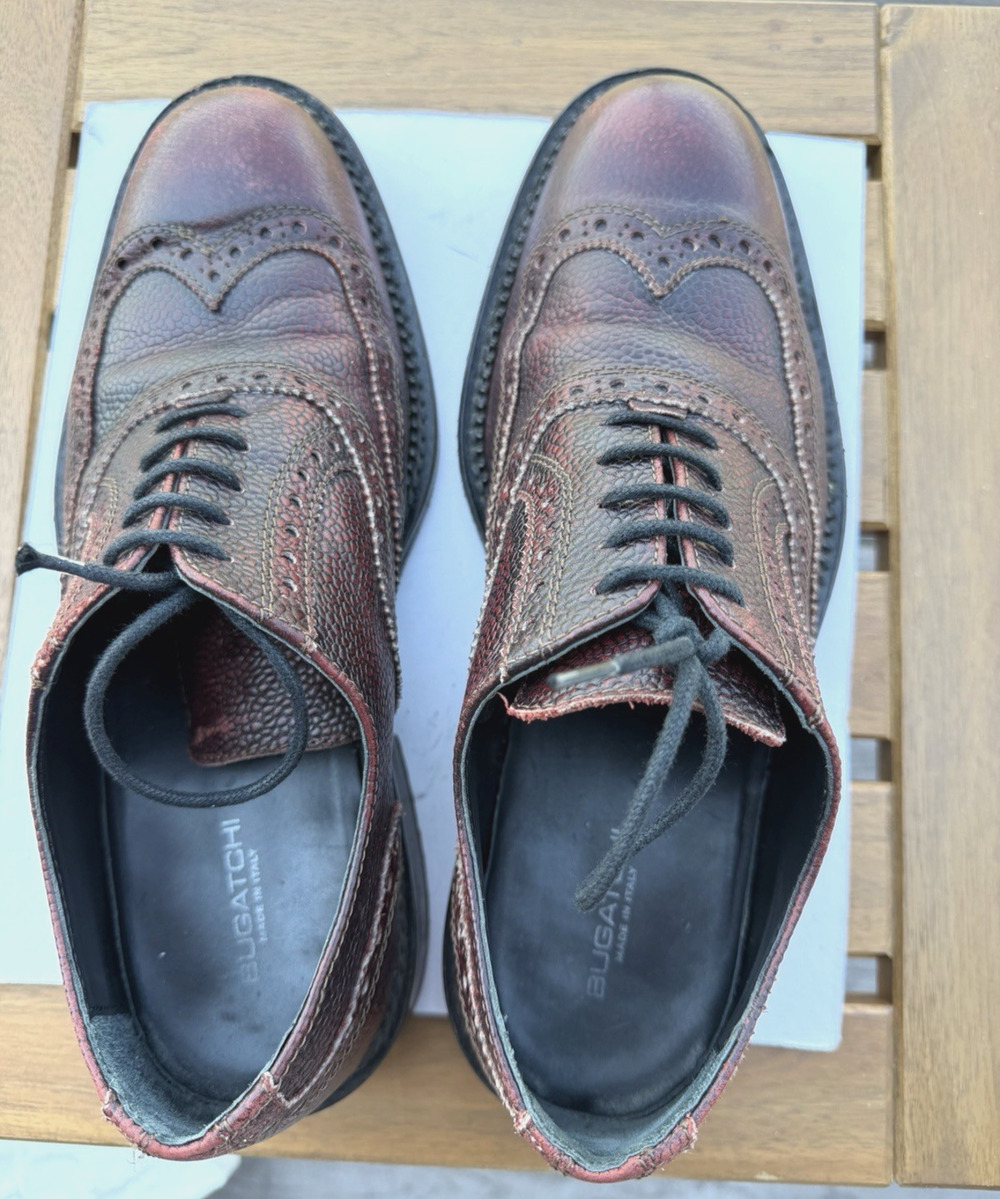 Bugatchi Italy Oxford Burgundy Leather Wingtip Almond Toe Lace Up Shoes Size 8